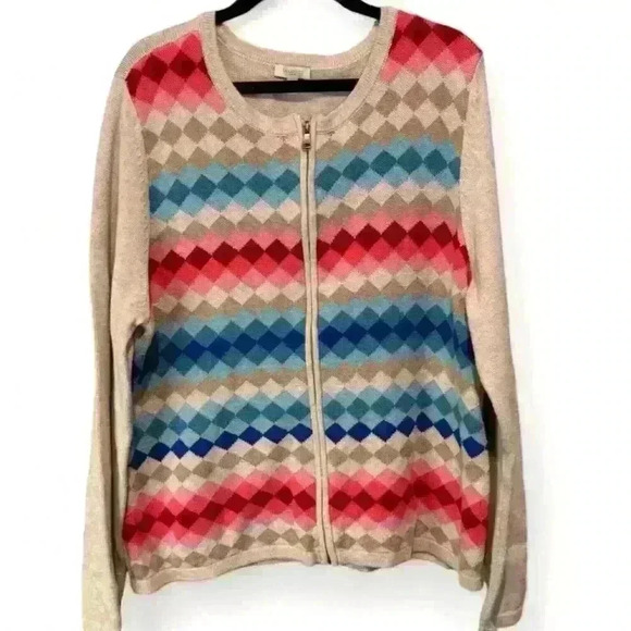 Talbots Women's Argyle Full Zip Sweater Jacket Multicolor Size L - Picture 1 of 5